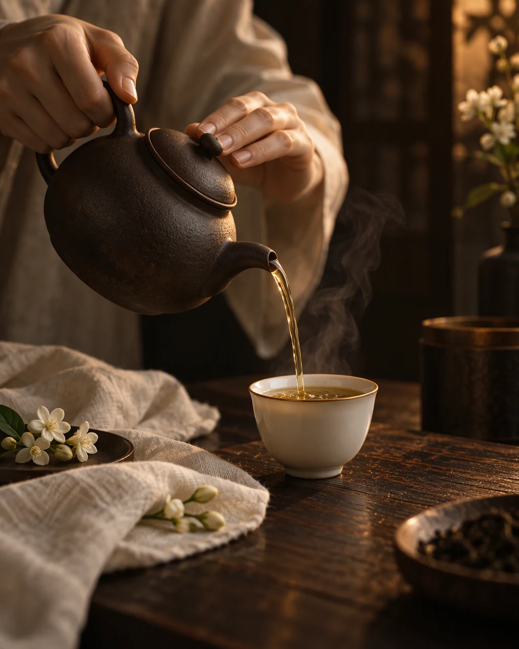 Hands pouring tea into an ivory porcelain cup, with steam rising in warm light
