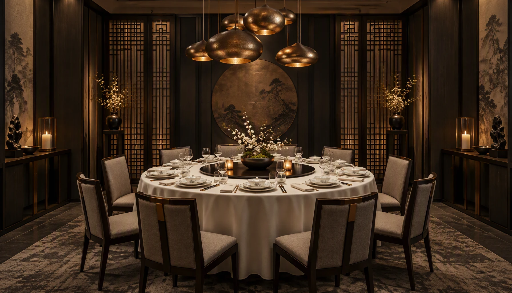 An elegant private dining room set for a cultural exchange dinner