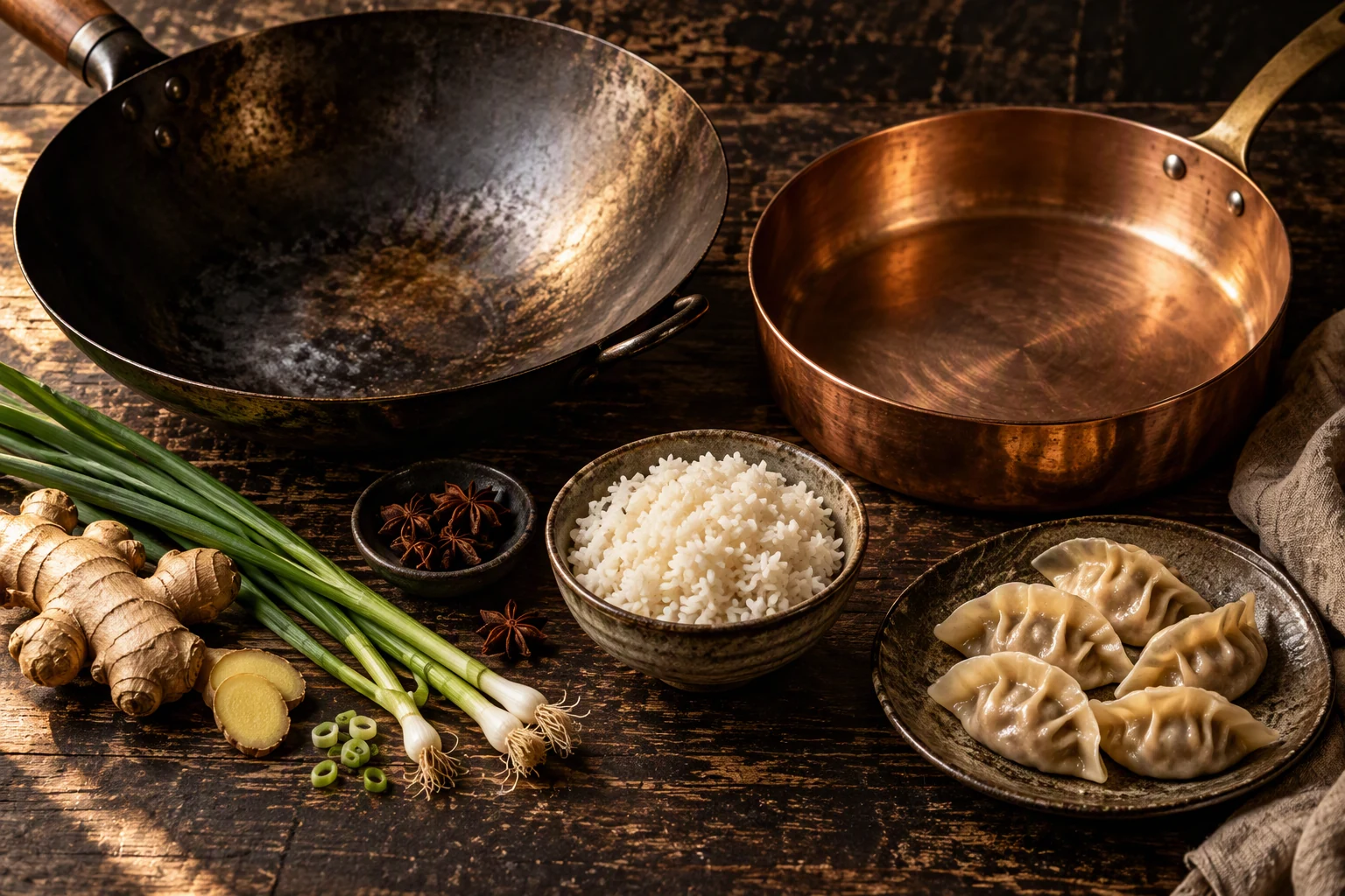 A Chinese wok and a French copper pan with ginger, scallions and dumplings on dark wood